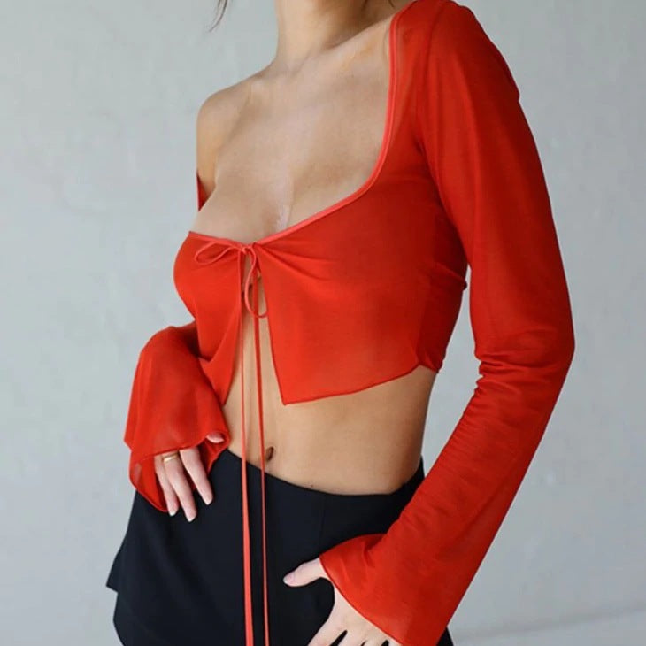 Unique Low-Cut Solid Color Square Neck Mesh Long-Sleeved Tie-Up Cropped Top