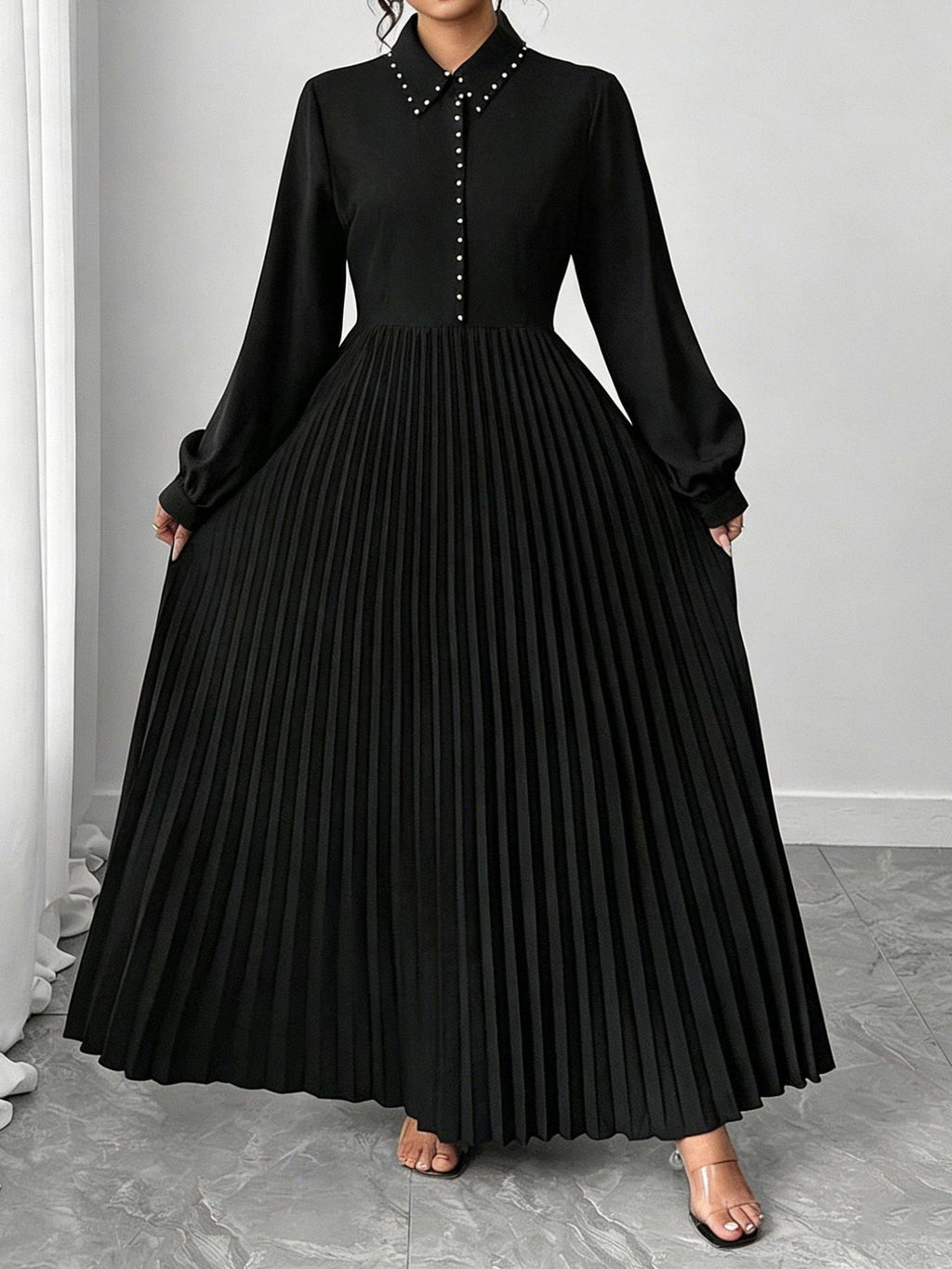 Plus-Size Women's Long Sleeve Pleated A-Line Maxi Dress, Waist-Cinching Elegant Casual Dress for Everyday, Office, Party, and Sp