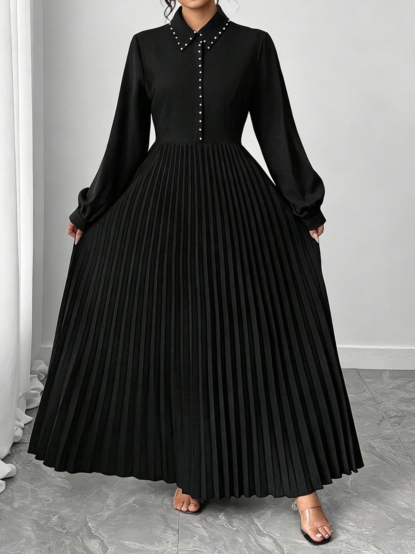 Plus-Size Women's Long Sleeve Pleated A-Line Maxi Dress, Waist-Cinching Elegant Casual Dress for Everyday, Office, Party, and Sp