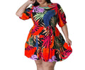 Women's Green Leaf Print Lantern Sleeve Dress – Deep Round Neck, Plus Size Casual Boho Style
