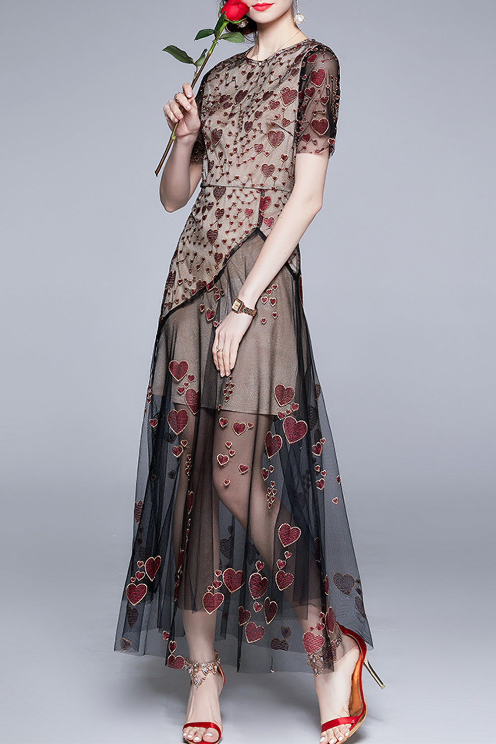 Women Round Neck Thin Mesh Skirt Heart Embroidery Beautiful Short Sleeve Dress