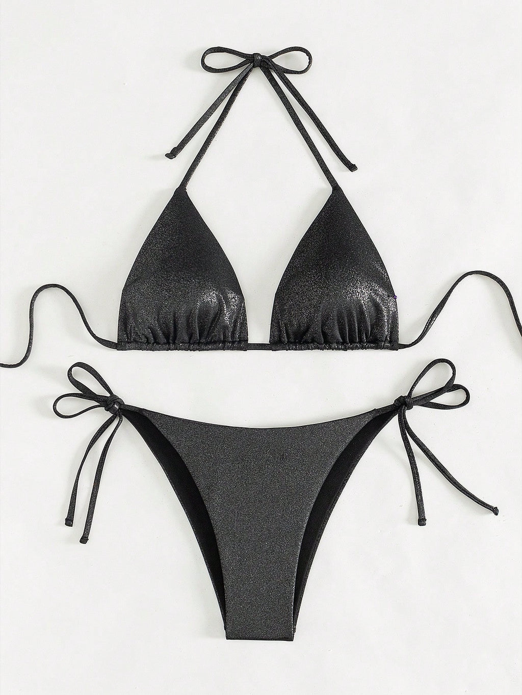 New Solid Color Lace-Up Neck Bikini with High-Slit Flash Fabric