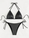 New Solid Color Lace-Up Neck Bikini with High-Slit Flash Fabric
