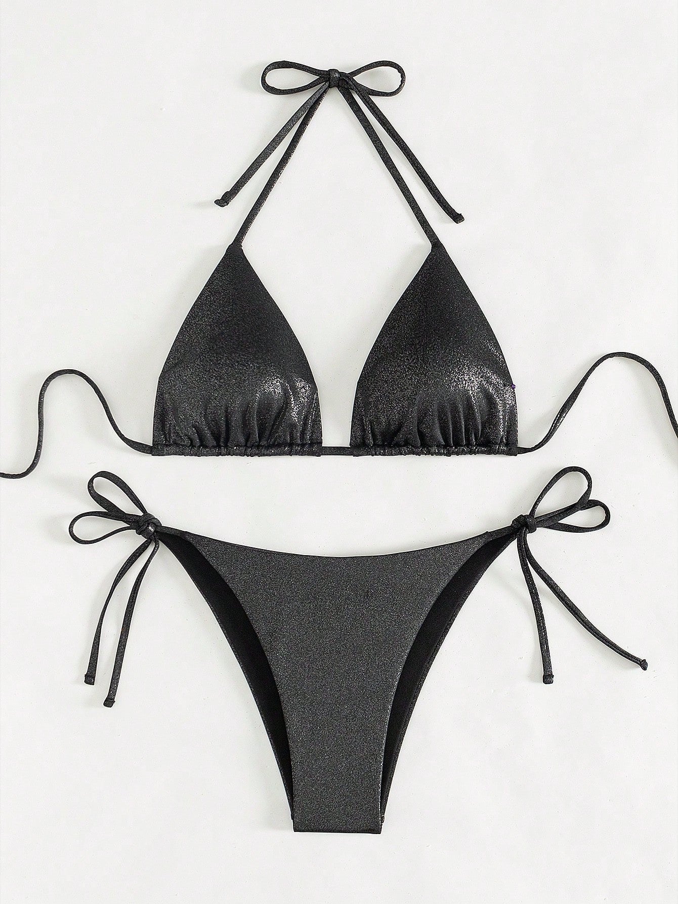 New Solid Color Lace-Up Neck Bikini with High-Slit Flash Fabric