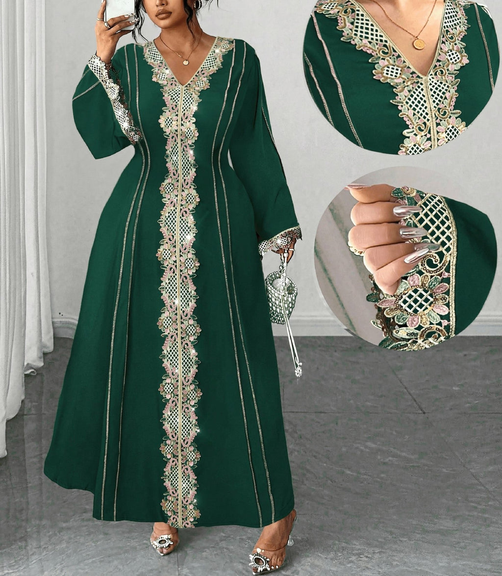 Plus Size Women's V-Neck Lace Ethnic Inspired Flared Midi Dress with Elegant Flowing Silhouette