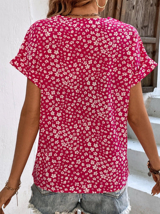 Summer Women's Printed V-Neck Button Front Short Sleeve Casual T-Shirt Top