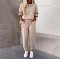 Women's Loose Casual Solid Color Round Neck Top & Cropped Pants 2-Piece Outfit Set