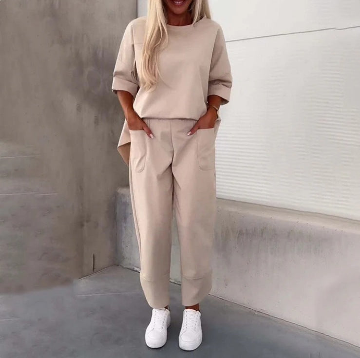Women's Loose Casual Solid Color Round Neck Top & Cropped Pants 2-Piece Outfit Set