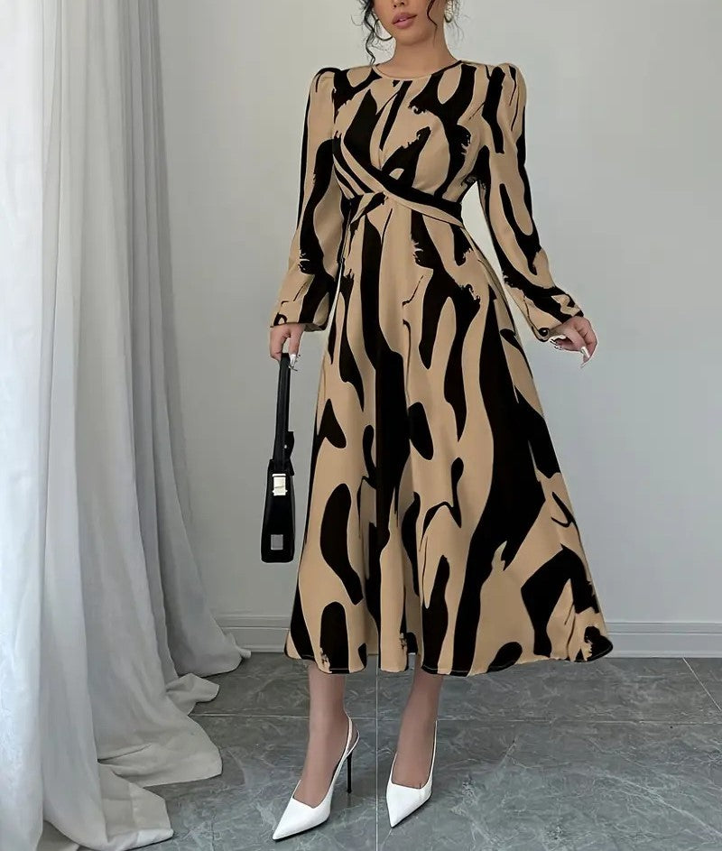 Women's Commuter Crew Neck Long Sleeve Waist Fit Large Swing Midi Dress Casual Everyday Fashion