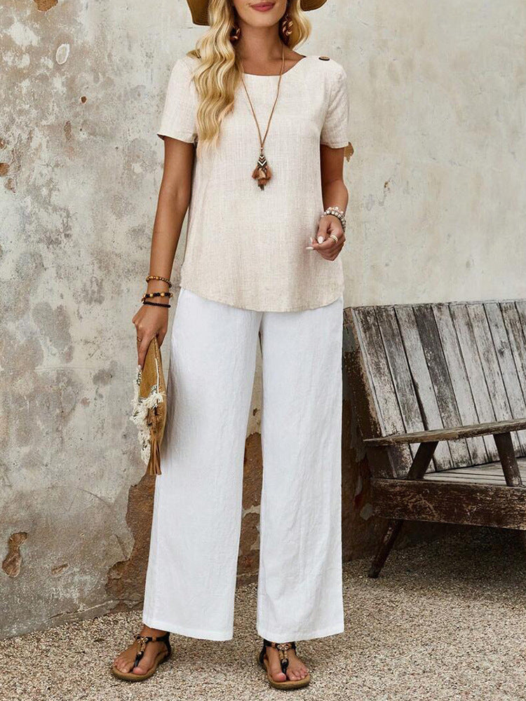 Women's Solid Color Round Neck Short Sleeve Button Front Casual Top