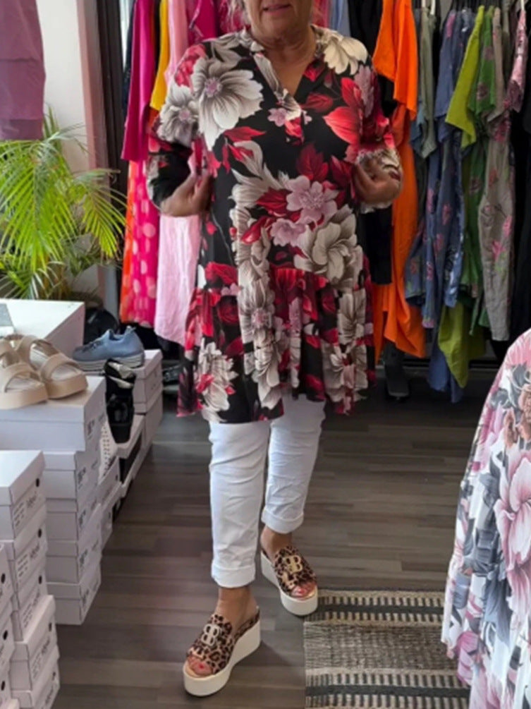 Women's Summer Printed Stand Collar Long Sleeve Loose Casual Dress