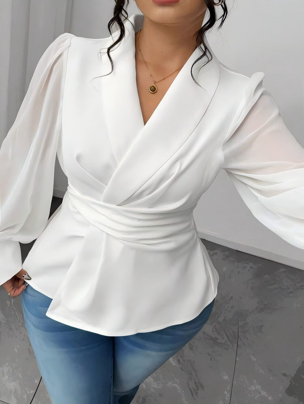 Women's White Long-Sleeved Waist-Defined Plus Size Casual Blouse