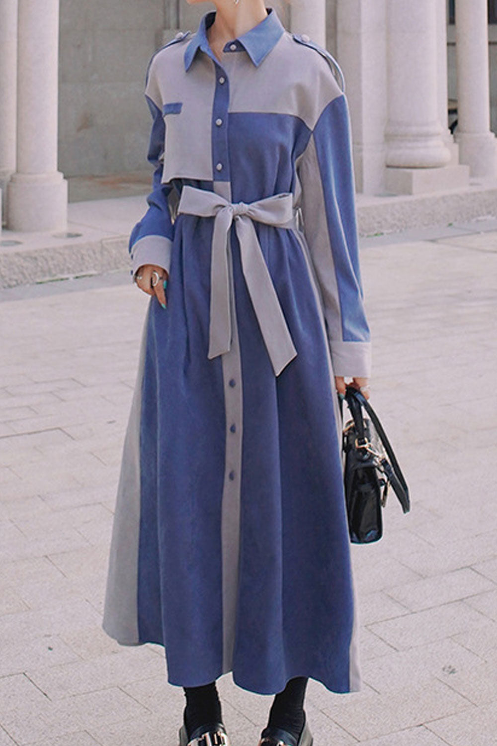 Women Elegant Lapel Neck Button Lace Up Long Sleeve Shirts Dress