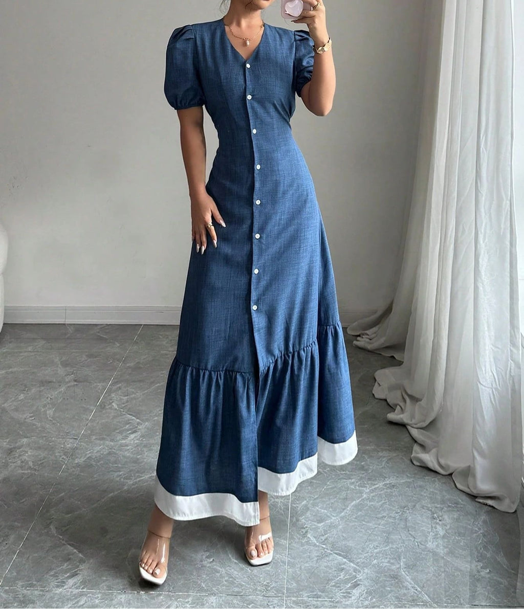 Women's Summer Color-Block Slim-Fit Long Dress with Button Detail and Waist-Enhancing Design