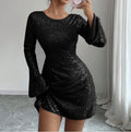 Women's Round Neck Long Sleeve Sequin Party Mini Dress, Elegant European Inspired Evening Dress