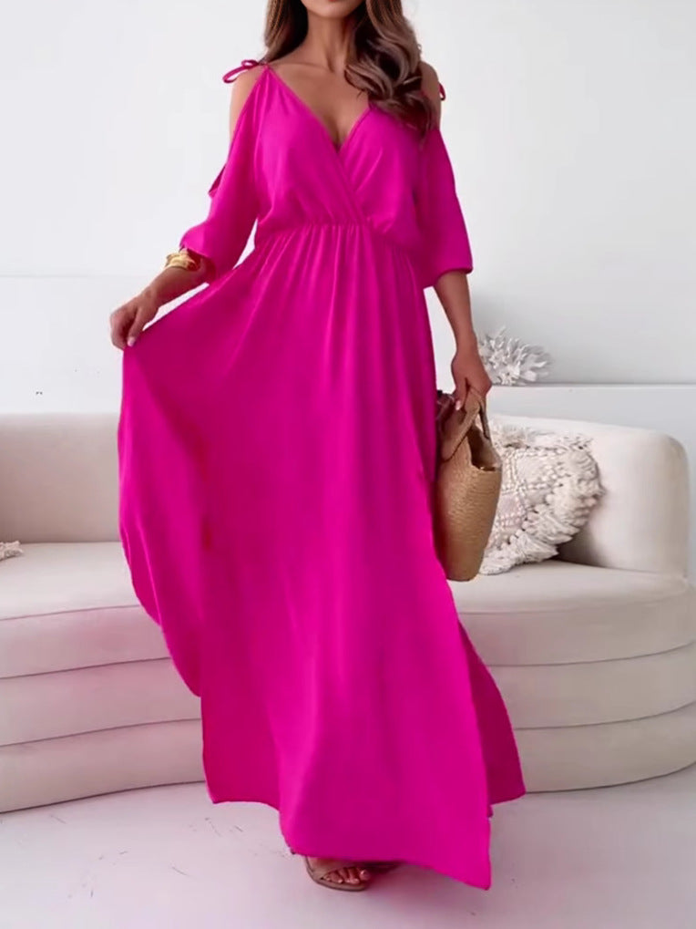 Women's Off-Shoulder V-Neck Waist A-Line Hem Dress