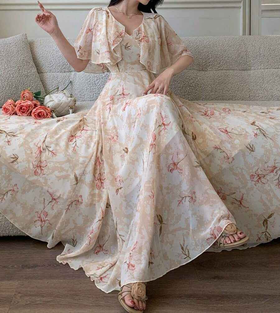 Women's V-Neck Elegant Summer Long Dress – Flowing Fairy-Inspired Maxi Dress with Comfortable Fit