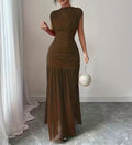 Women's Solid Color Pleated Maxi Dress - Long Sleeve Waist-Defined Elegant Casual Dress