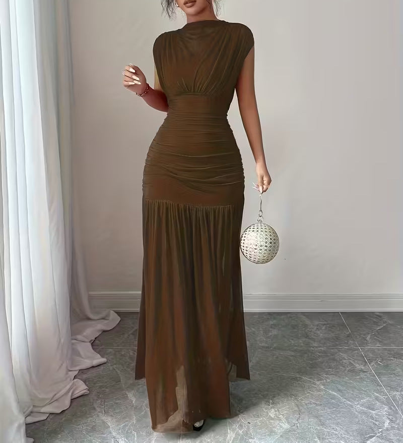 Women's Solid Color Pleated Maxi Dress - Long Sleeve Waist-Defined Elegant Casual Dress