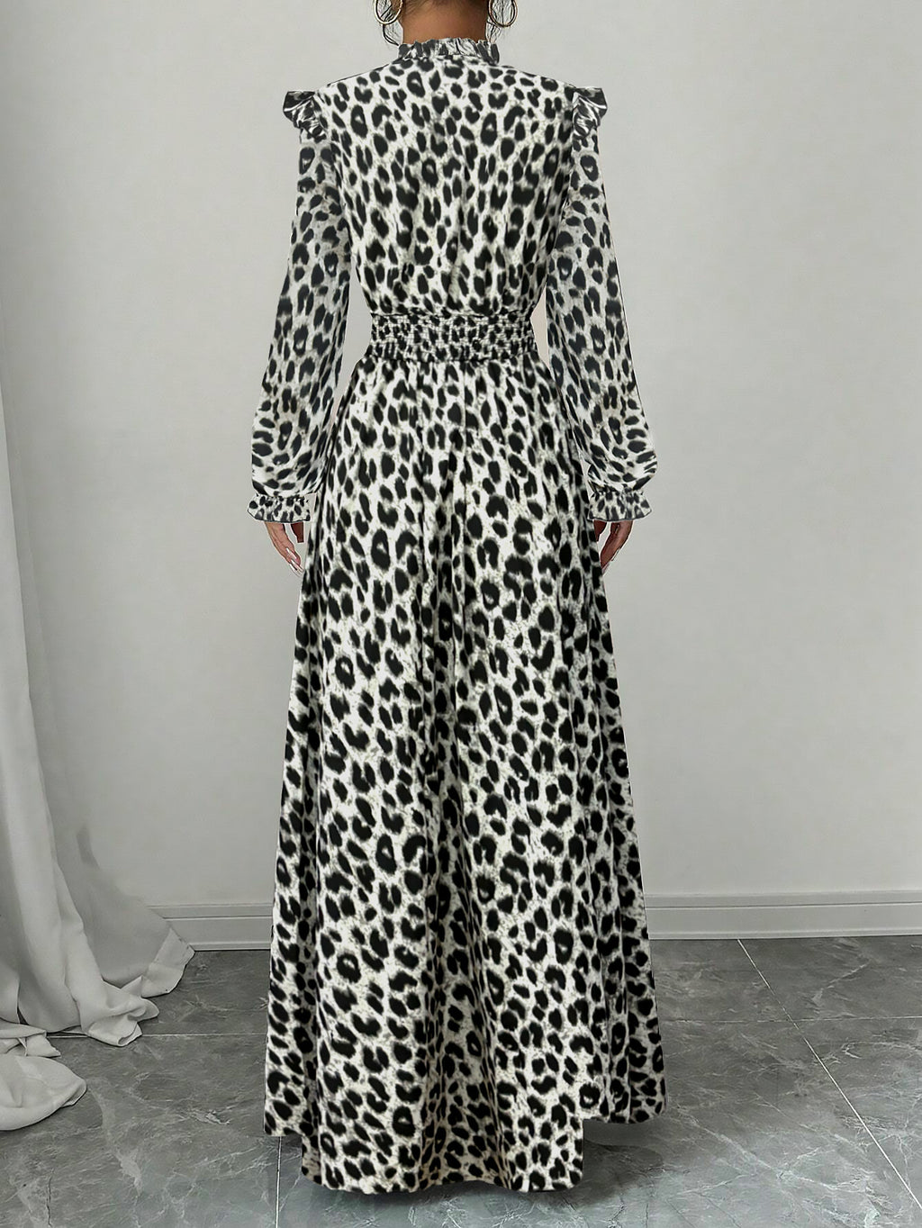 Women's Leopard Print Waist-Cinching Long Dress – Elegant Printed Maxi Dress with Flattering Fit