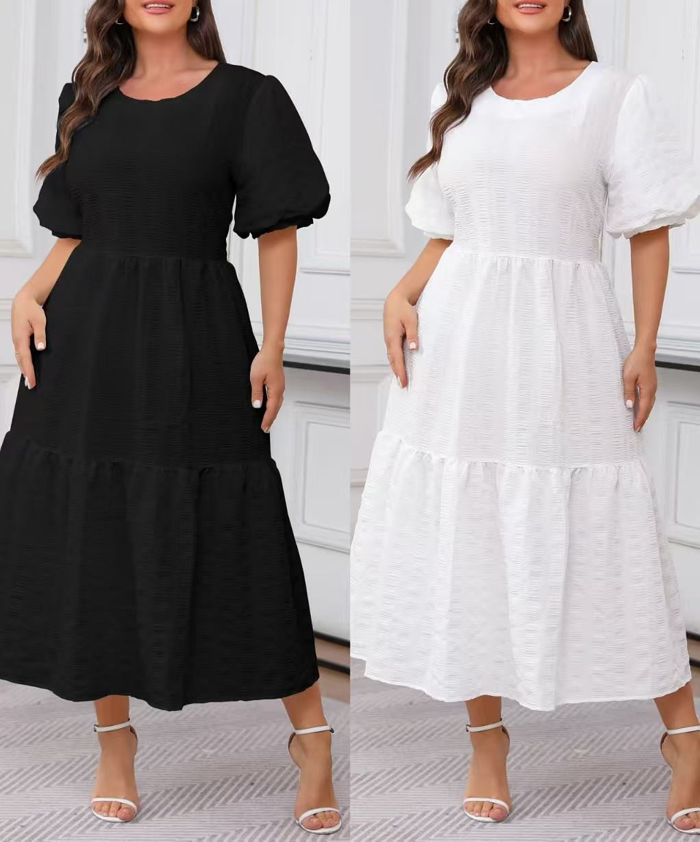 Plus Size Women's Crewneck Fold Layered Bohemian Style Midi Dress Casual Comfortable Everyday Wear