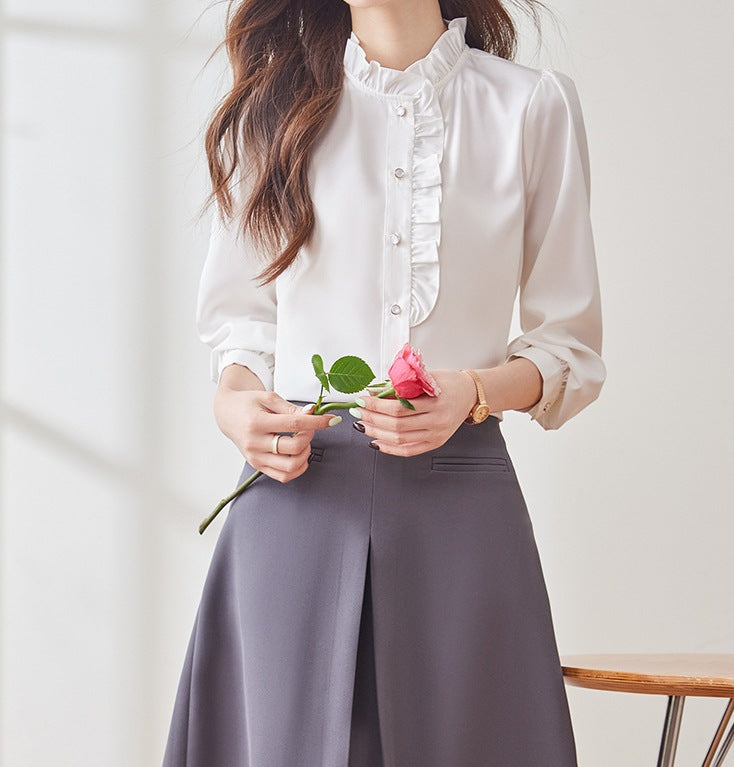 Women's Long Sleeve Ruffle Lace Collar Spring Shirt