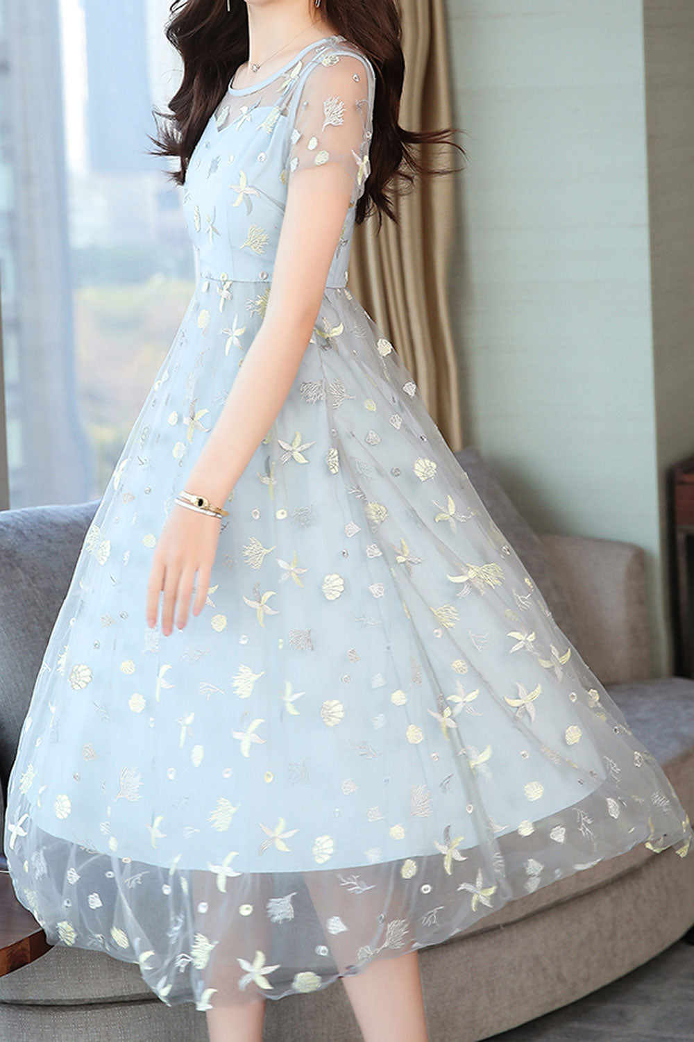 Women Splendid Sequin decorated Short Sleeve Round Neck Amazing A-Line Evening Party Skirt Dress