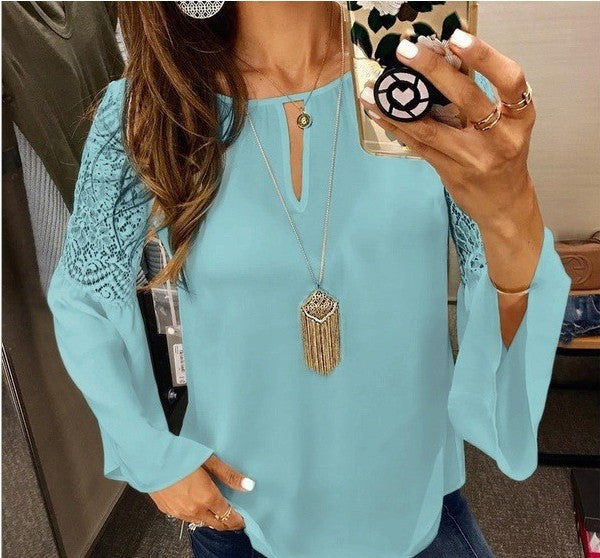 Autumn & Winter Lace Patchwork Bell Sleeve Long Sleeve Chiffon Blouse for Women