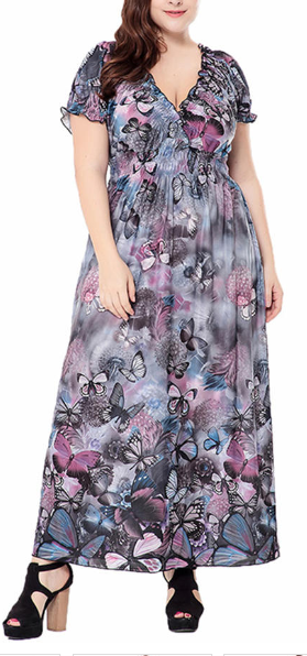 V-Neck Short Sleeve Printed Long Skirt Dress