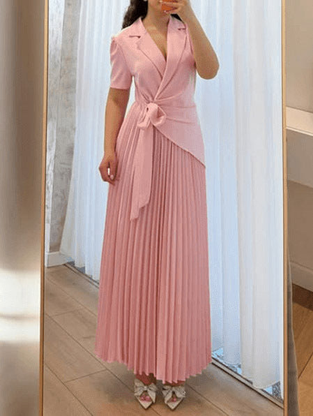 Pink Pleated Long Dress for Women | Tie Waist Maxi Dress | Elegant Solid Color Slim Fit Flowy Party & Casual Dress