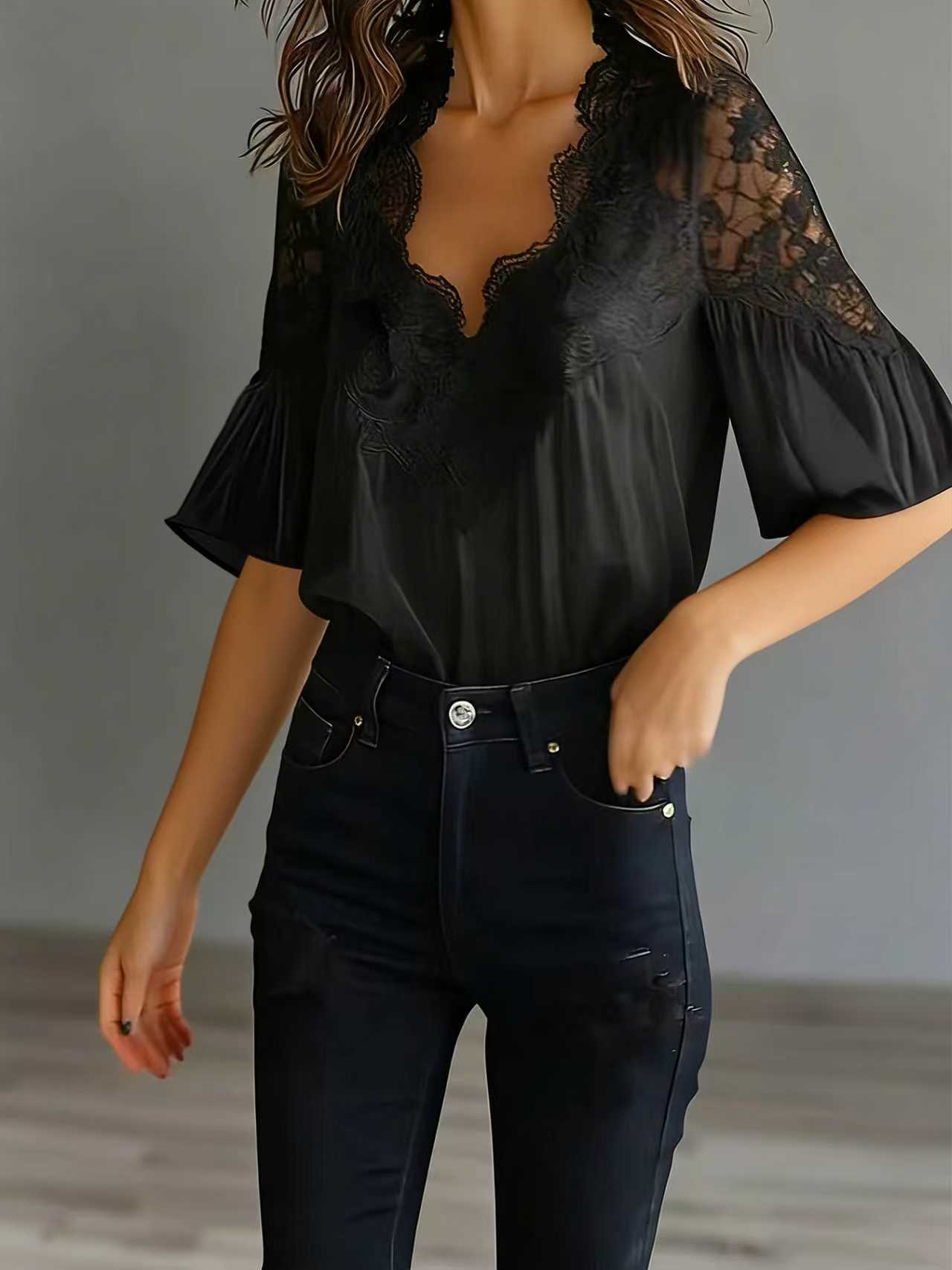 Fashion Women's Lace Patchwork Puff Sleeve Pleated Short-Sleeve Blouse Elegant Casual Summer Top