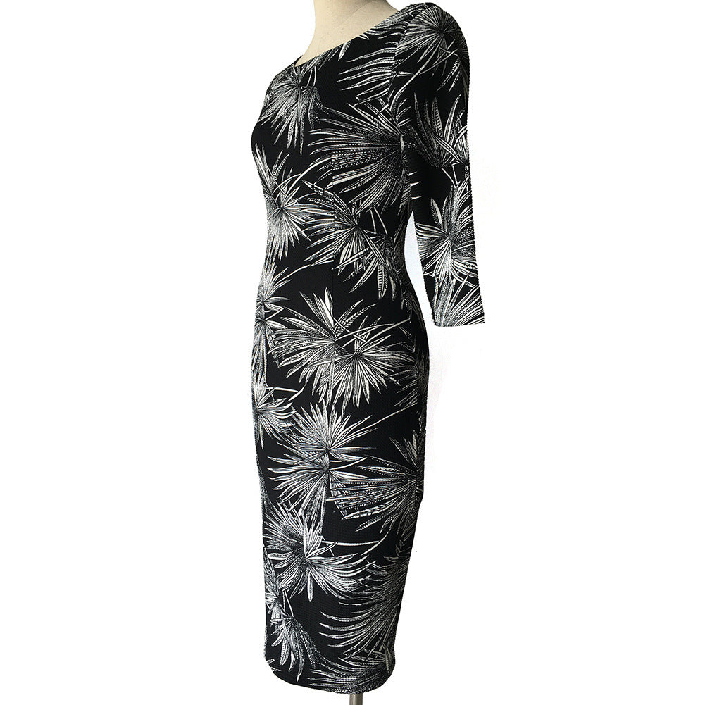 Women Summer Round Neck Firework Print Pencil Dress
