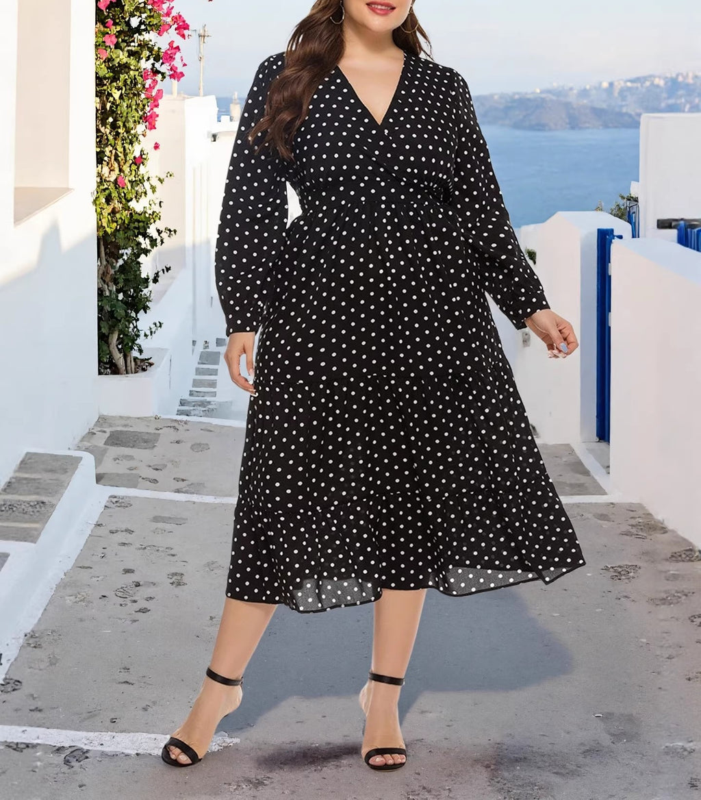 Women's Plus Size V-Neck Polka Dot Print Waist-Cinching Shirt Sleeve Long Dress