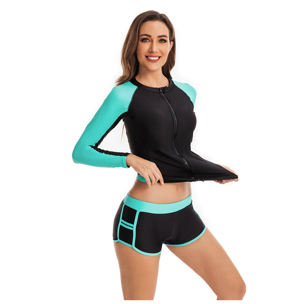 Floral Long-Sleeve Zip Surf Tankini – Women’s Two-Piece Athletic Swimsuit