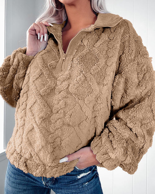 Autumn/Winter Solid Color Half-Zip Stand Collar Plush Pullover Sweatshirt