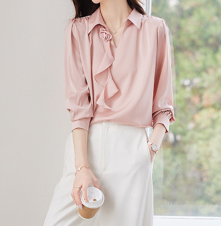 Women's Spring & Autumn High-Neck Long Sleeve Shirt - Elegant Fashion Blouse