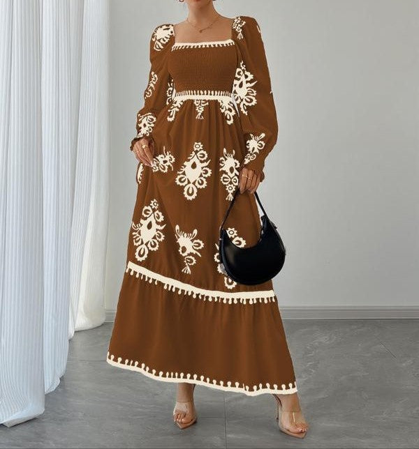 Women's Elegant Printed Square Neck Beach Dress Casual Vacation Midi Dress