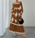 Women's Elegant Printed Square Neck Beach Dress Casual Vacation Midi Dress