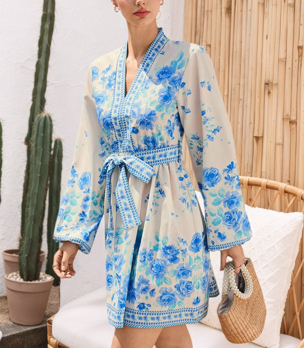 Women's V-Neck Floral Print Long Sleeve Belted Lantern Sleeve Midi Dress