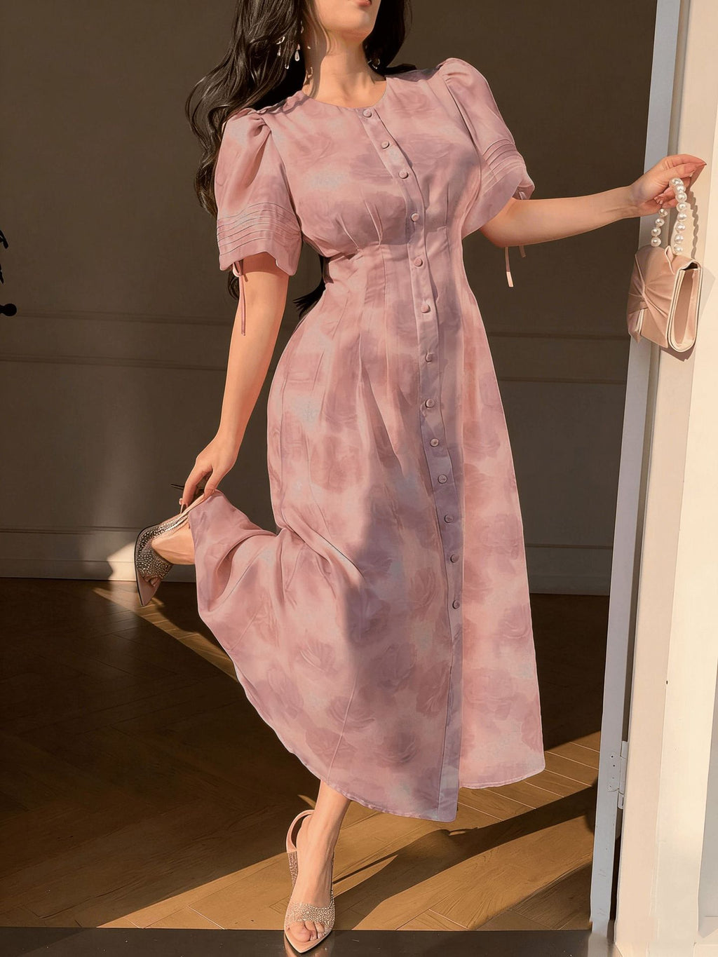Women's Summer Printed French Style Pleated Waist Button Front Short Dress with Comfortable Fit