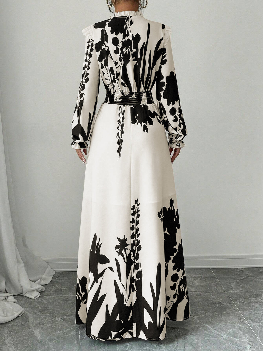 Women's Autumn Winter Printed Long Sleeve Waist Tie Maxi Dress Elegant Casual Flowing Long Skirt