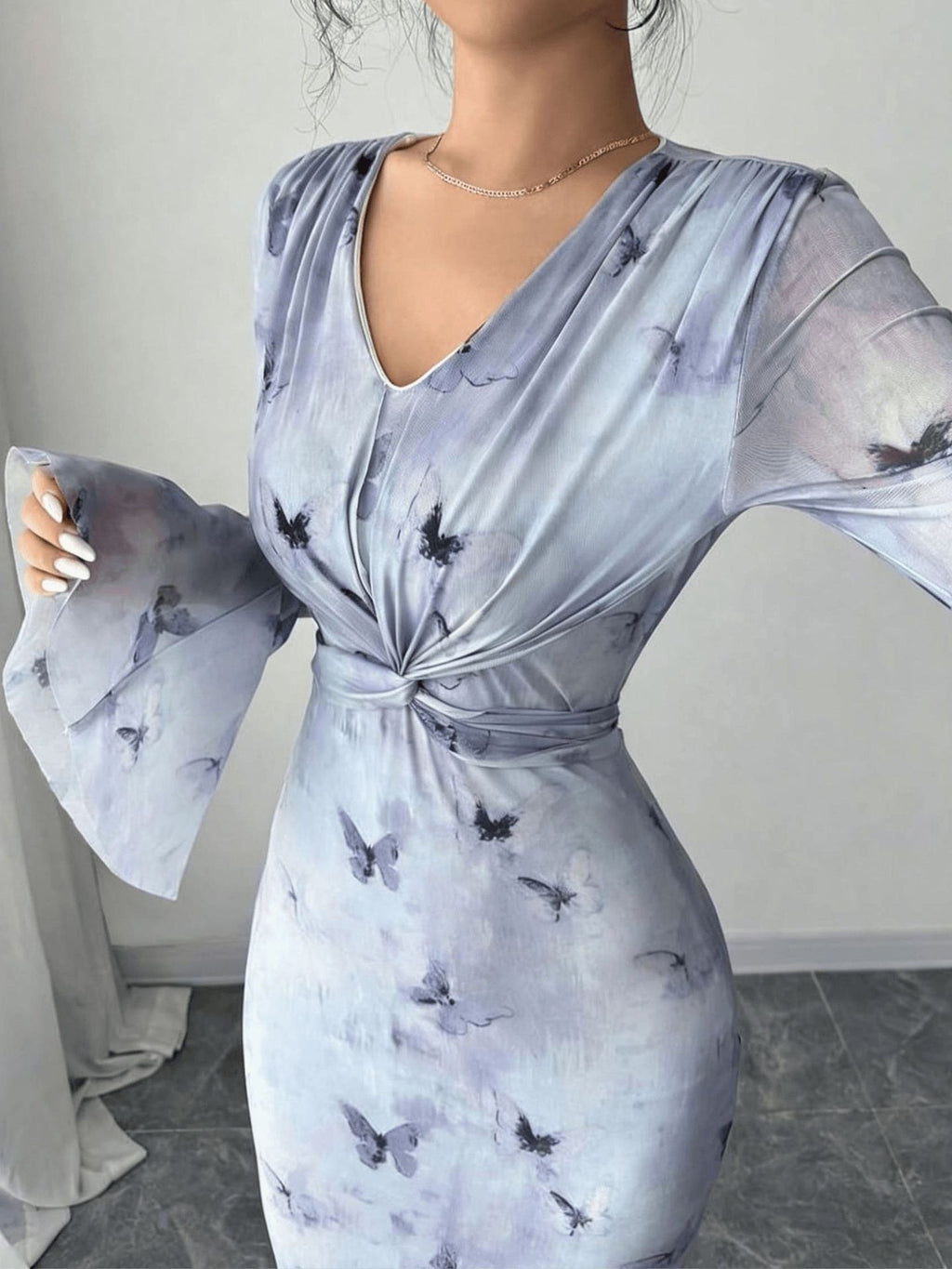 Women's Fitted Fishtail Maxi Dress with Waist Tie Knot Elegant Long Sleeve Dress