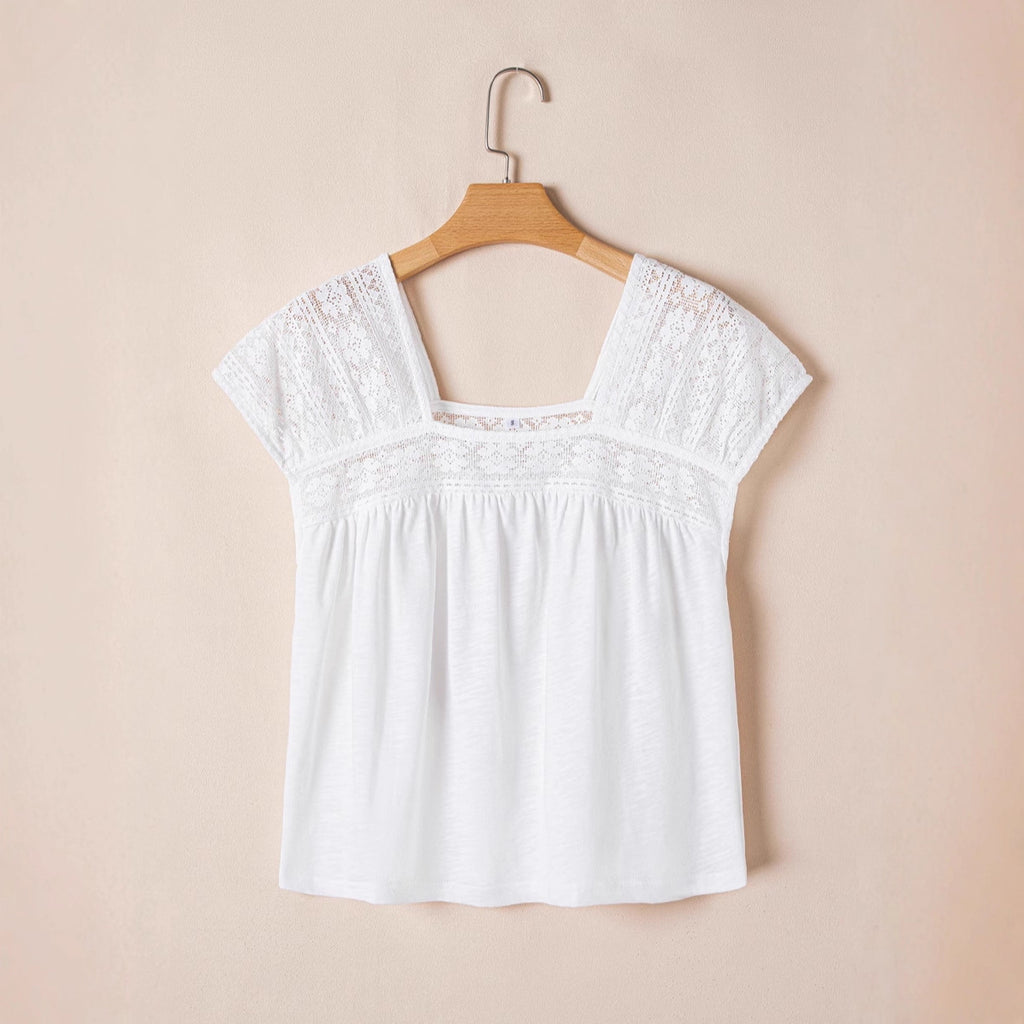 Women's Loose Lace Patchwork Square Neck Short Sleeve Blouse – Spring & Summer Casual Solid Color Top