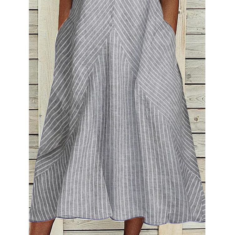 Women's Summer V-Neck Pleated Sleeveless Printed Striped Long Swing Dress with Pockets