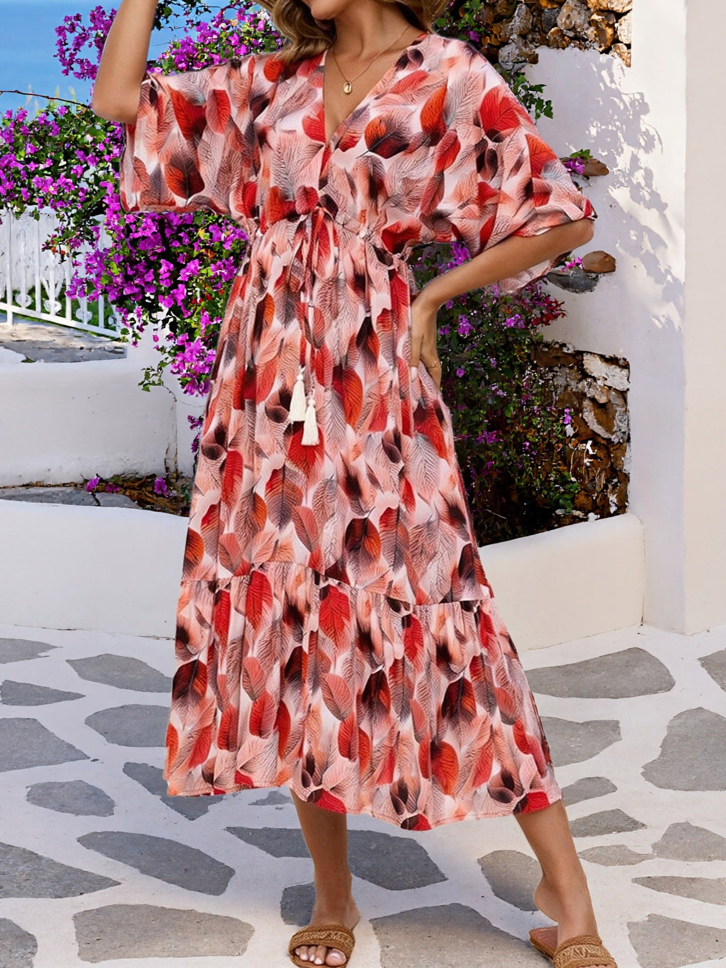 Women's Summer Floral Bohemian Beach Maxi Dress with Defined Waist and Flowy Hem