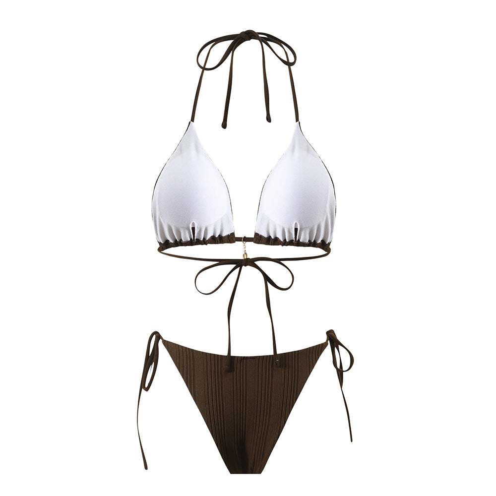 New Solid Color Bikini with Split Strap and Pure Neck - Beach Swimsuit