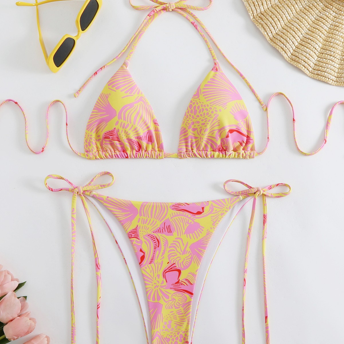 New Digital Print Lace-Up Neck Bikini Split Swimsuit