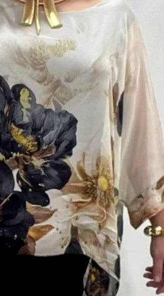Women's Summer Loose-Fit Round Neck Long Sleeve Irregular Hem Floral Shirt Top
