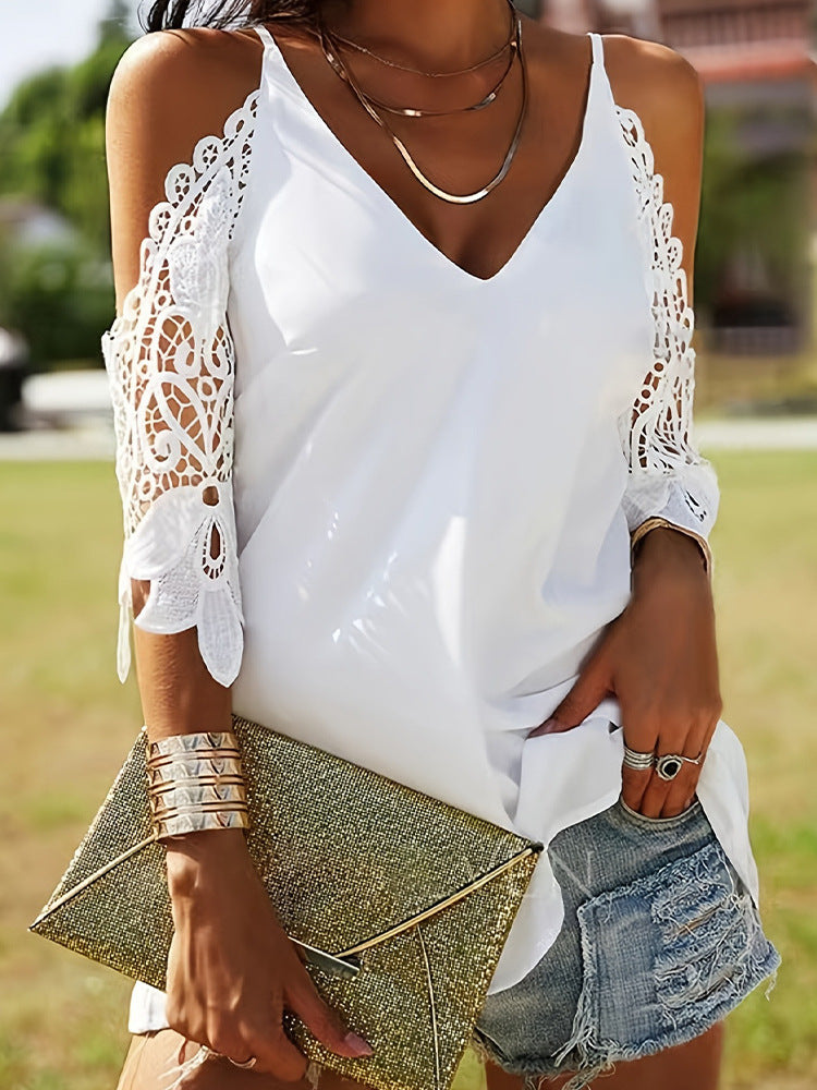 Summer Lace Shoulder V-Neck Sling Loose Fit Casual Top for Women