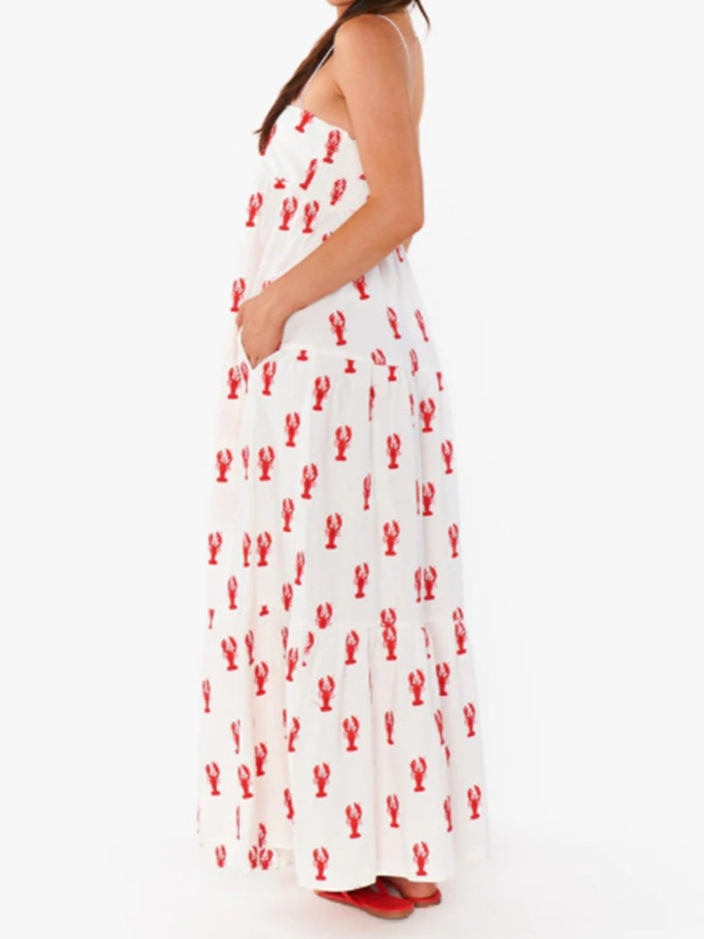 Women's Summer Printed Sleeveless Pocket Strap Dress – Loose Fit Casual Dress